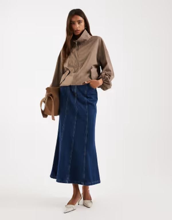 フォースレックレス レディース ボトムスカート デニム マキシ 4th Recklesstructured panel denimaxi skirt in dark wash BLUE ブルー
