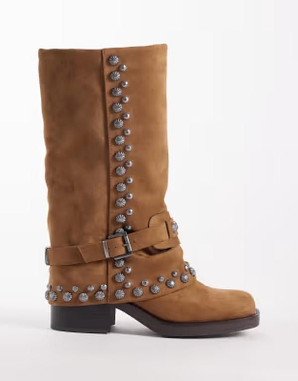 エイソス レディース シューズ ブーツ・レインブーツ ASOS DESIGN Cami studded fold over boots in sand サンド
