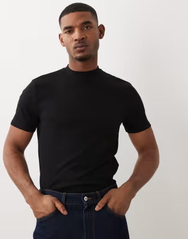 エイソス メンズ トップス Tシャツ ハイネック ASOS DESIGN slim Tshirt withigh neck riblack ブラック