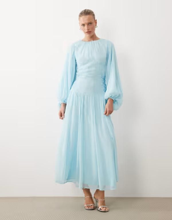 エイソス レディース トップス ワンピース タイディテール シフォン マキシ ASOS DESIGN long sleeve chiffon tie detail maxi dress in sky blue ブルー