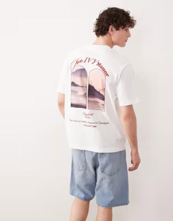 ジャック アンド ジョーンズ メンズ トップス Tシャツ プリント Jack Jones oversized Tshirt with scenic backprint Bright White ホワイト