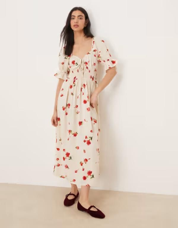 ウェンズデーガール レディース トップス ワンピース フラワー柄 プリント フラワー Wednesdays Girl short sleeve floaty midaxi dress in delicate floral print PINK ピンク
