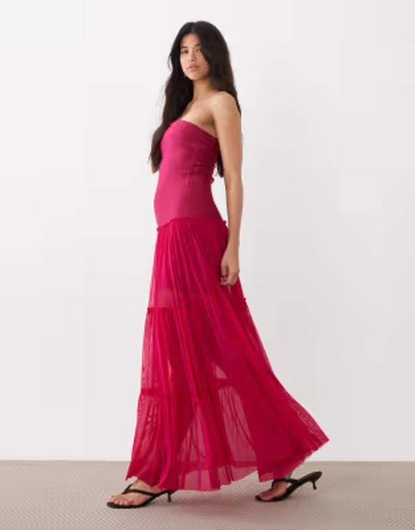 レア レディース トップス ワンピース ティアード メッシュ ストラップレス マキシ Rare London exclusive dropped waistiered mesh strapless bandage maxi dress in fuchsia F