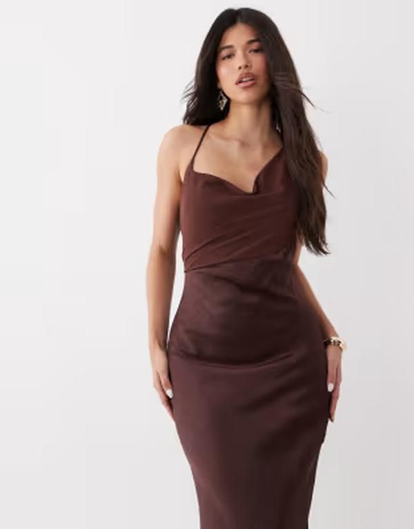 フォースレックレス レディース トップス ワンピース シフォン サテン マキシ 4th Reckless chiffon cowl neck cross back cami satin maxi dress in chocolate チョコレート