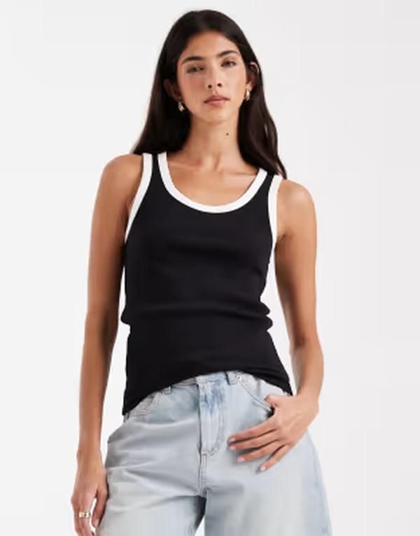 ピーシーズ レディース トップス シャツ コントラスト Pieces contrastrim tank top Black white ホワイト