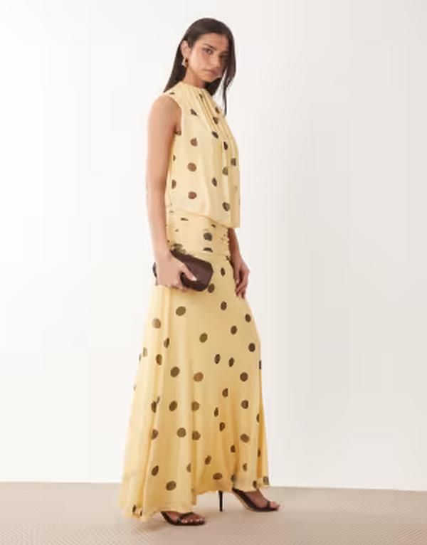 エイソス レディース トップス ワンピース ドット柄 ドット プリント ギャザー メッシュ スカート マキシ ASOS DESIGN mesh blouson maxi dress with ruchedropped waist skirt in lemon