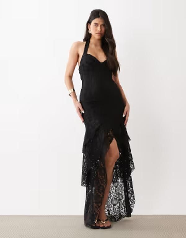 エイソス レディース トップス ワンピース レース マキシ ASOS DESIGN lace fishtail maxi dress with sweetheart bust Black ブラック