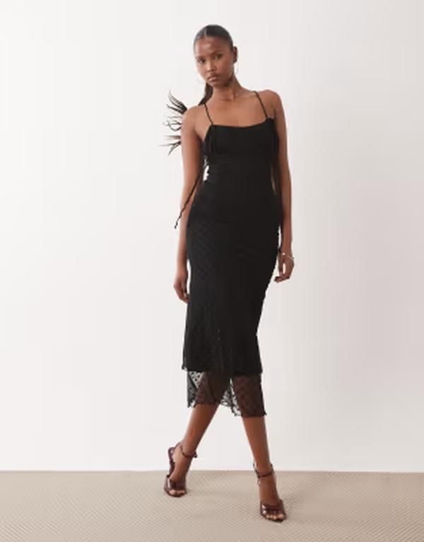 エイソス レディース トップス ワンピース ギャザー メッシュ ASOS DESIGN awkward length textured mesh slip dress with ruched bust and peek a boo hem detail Bla