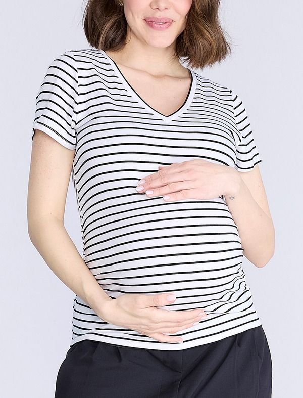 マザーフッドマタニティー レディース トップス Tシャツ Vネック ギャザー MOTHERHOOD MATERNITY VNeck SideRuched Maternity Short Sleeve Tee White Black Stripe ホワイト