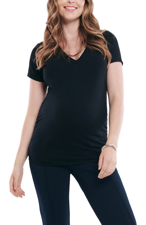 マザーフッドマタニティー レディース トップス Tシャツ Vネック ギャザー MOTHERHOOD MATERNITY VNeck SideRuched Maternity Short Sleeve Tee Black ブラック