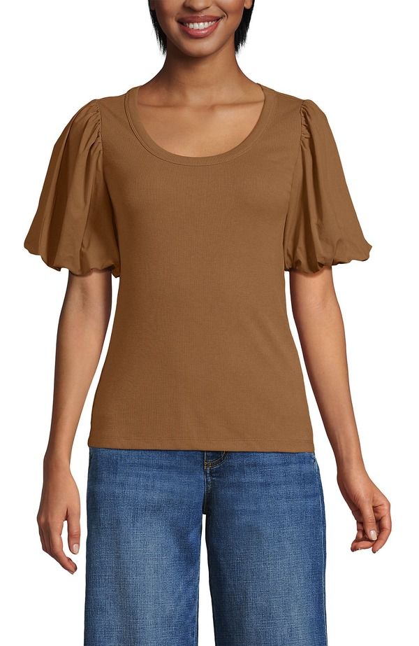 ランズエンド レディース トップス シャツ Lands Endrapey Rib Puff Sleeve Scoop Neck Top Canyon Camel キャメル
