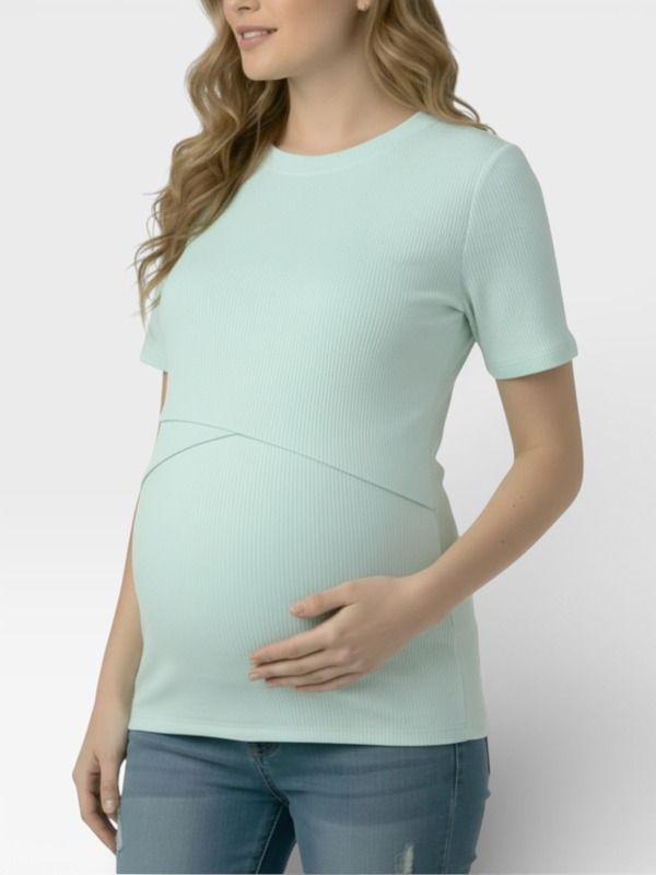 マザーフッドマタニティー レディース トップス シャツ クルーネック MOTHERHOOD MATERNITY Crew Neck Cross Over Nursing Short Sleeve Top Whispering Blue ブルー