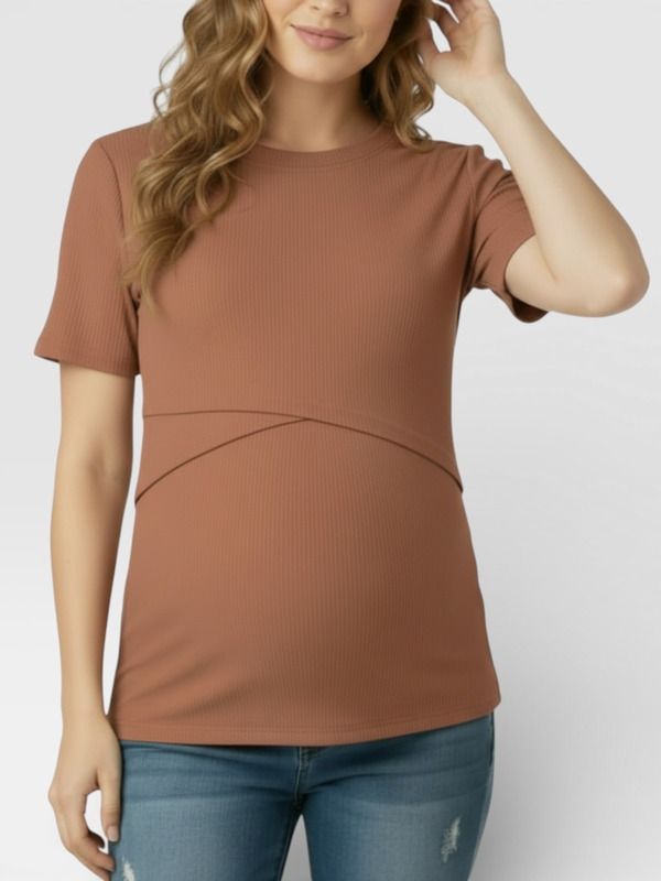 マザーフッドマタニティー レディース トップス シャツ クルーネック MOTHERHOOD MATERNITY Crew Neck Cross Over Nursing Short Sleeve Top Mocha Mousse モカ