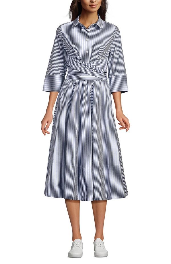 ランズエンド レディース トップス ワンピース ミディ Lands End Poplin Midi Wrap Front Dress Midnight Sky Pinstripe