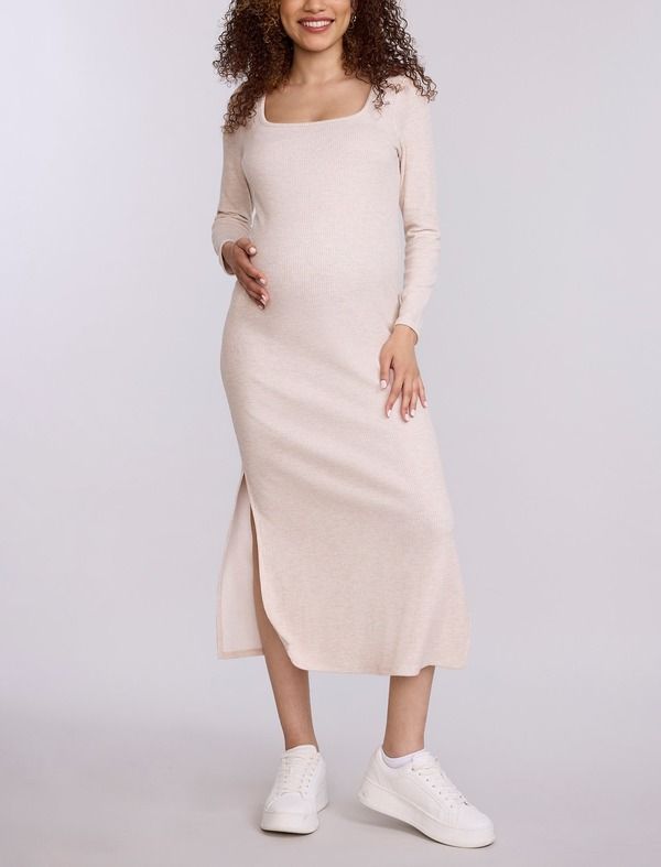 マザーフッドマタニティー レディース トップス ワンピース リブニット マキシ MOTHERHOOD MATERNITY Square Neck Rib Knit Long Sleeve Bodycon Maxi Dress Oatmeal オートミール