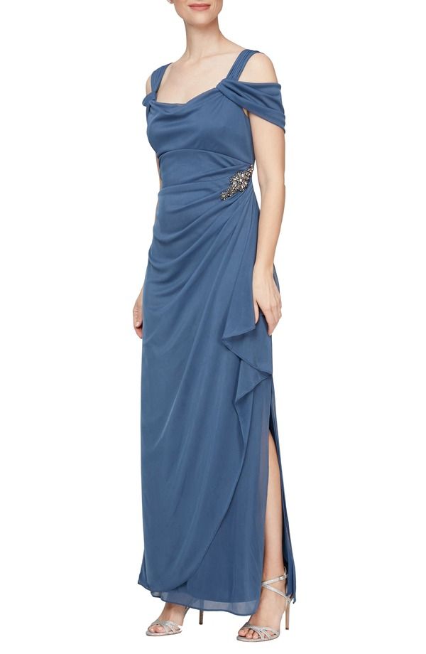 アレックスイブニングス レディース トップス ワンピース Alex Evenings Embellished Cold Shoulder Column Eveningown Wedgewood
