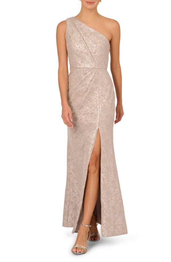 アドリアナ パペル レディース トップス ワンピースパンコール Adrianna Papell One Shoulder Sequin Jacquard Gown Marble