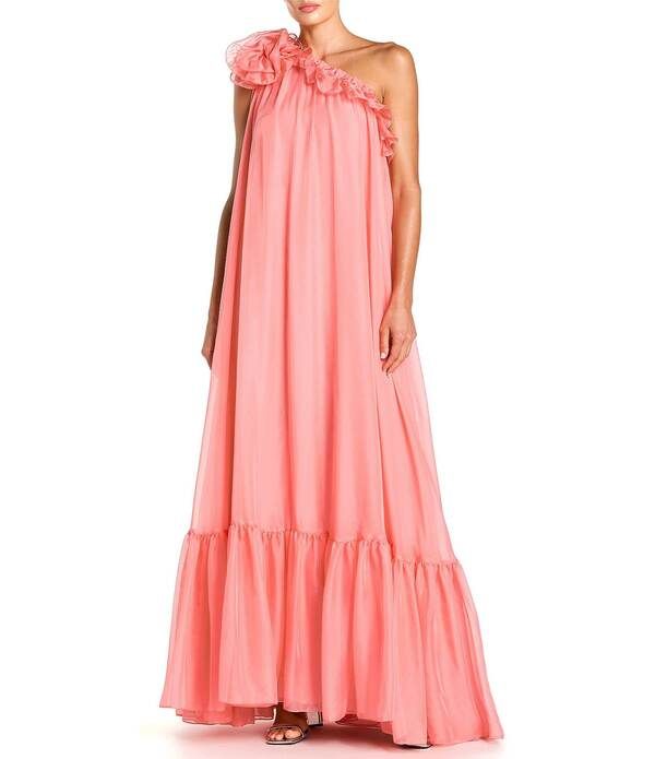 マックダガル レディース トップス ワンピース シフォン フリル Mac Duggal Chiffone Shoulderuffle Gown With Rose Hibiscus