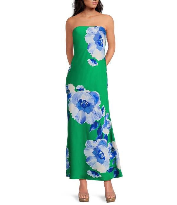 シュガーリップス レディース トップス ワンピース フラワー柄 サテン ストラップレス マキシ フラワー Sugarlips Morgany Floral Tirza Straplessatin Maxi Slip Dress GreenBlues グリーン