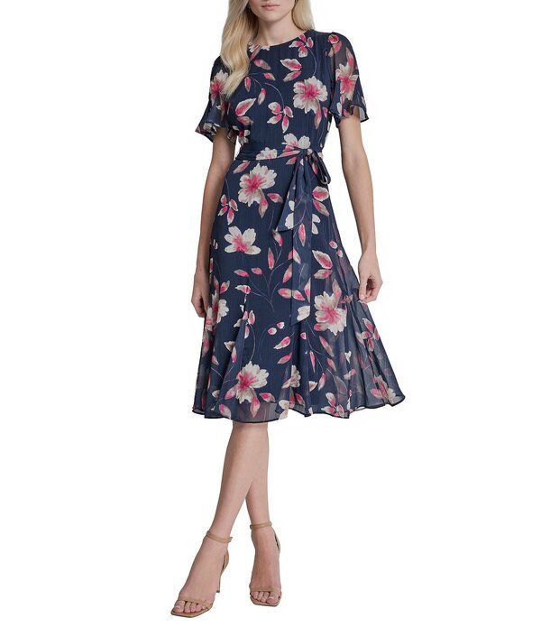 ダナキャラン レディース トップス ワンピース シフォン フラワー柄 プリント ミディ フラワー DKNY by Donna Karan Chiffon Floral Print Short Sleeve Jewel Neck Belted Midi Dres
