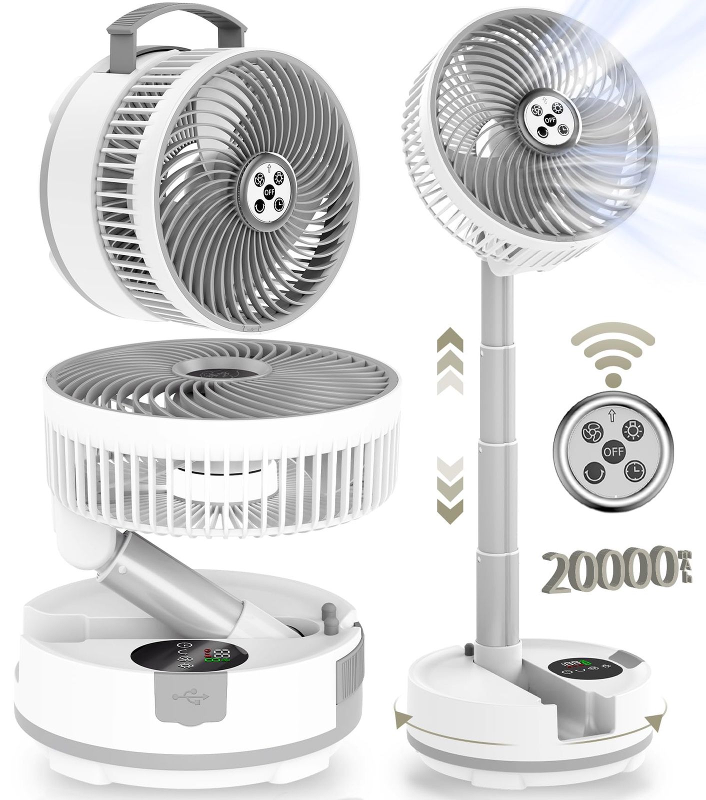 【新品】【自動首振り&20000mAh】扇風機 折りたたみ サーキュレーター コードレス 充電式 卓上扇風機 伸縮式 リモコン付き タイマー 液晶タッチパネル 風力8段階 小型 強力送風 ポータブル リビング 寝室 車中泊 キャンプ ホワイト 333e6367