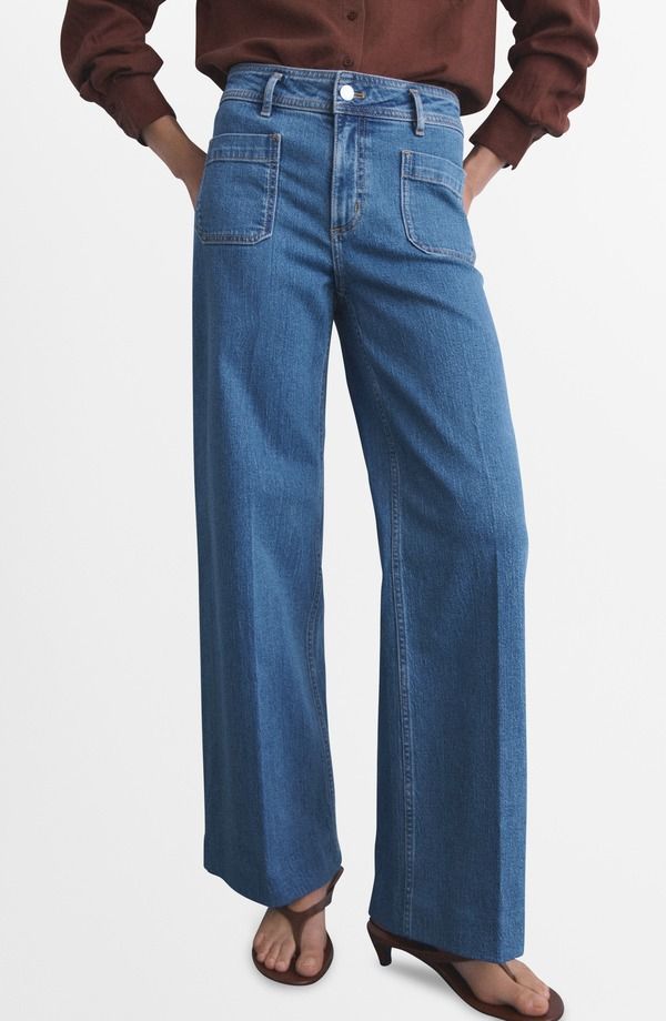 マンゴ レディース ボトムス デニムパンツ ワイドレッグ ジーンズ MANGO Jessie Patch Pocket Wide Leg Jeans Medium Blue ブルー