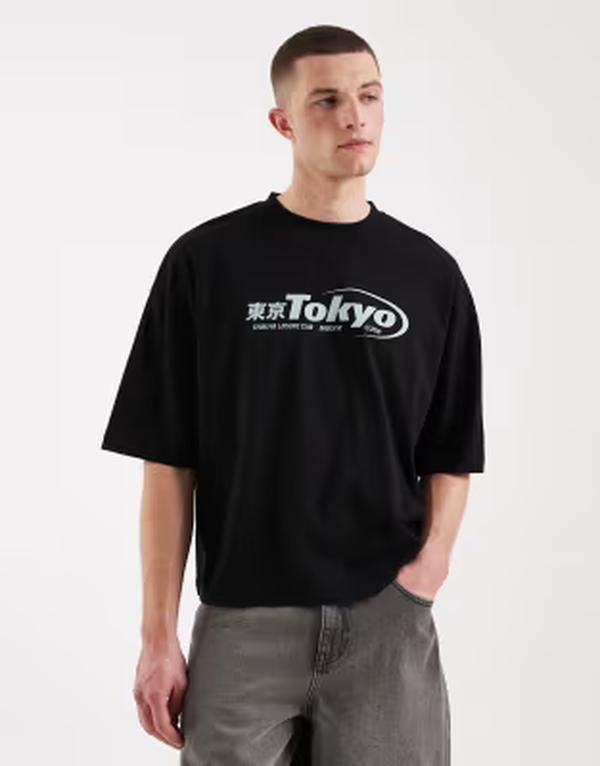エイソス メンズ トップス Tシャツ グラフィック ASOS DESIGN boxy oversized tshirt with Tokyo graphic Black ブラック