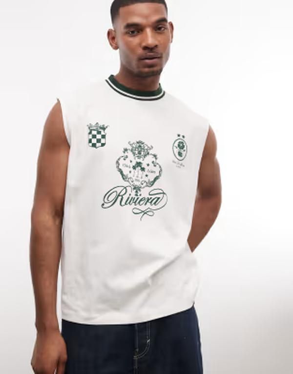 エイソス メンズ トップス ベスト グラフィック ASOS DESIGN oversized tank with front soccer graphicREAM クリーム