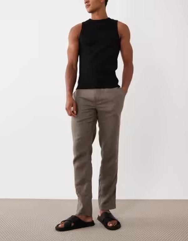 マンゴ メンズ ボトムス カジュアルパンツ リネン Mango 100 linen straight fit pants in charcoal チャコール