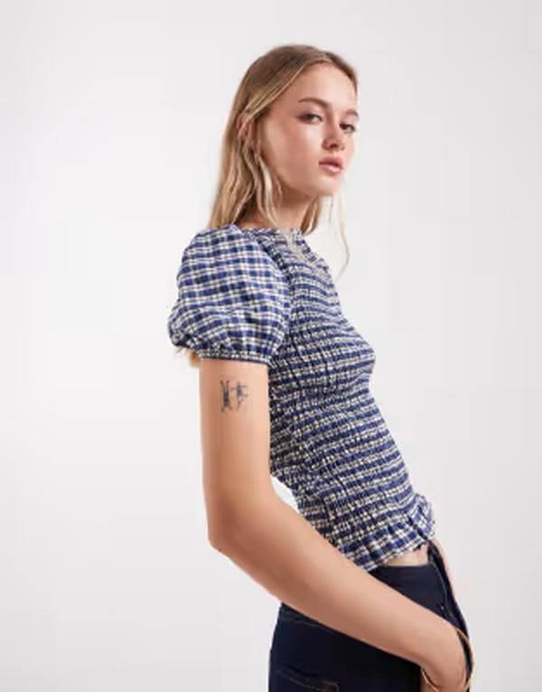 エイソス レディース トップス シャツ ASOS DESIGN shirred puff sleeve toplaid part of a set Blue Check ブルー
