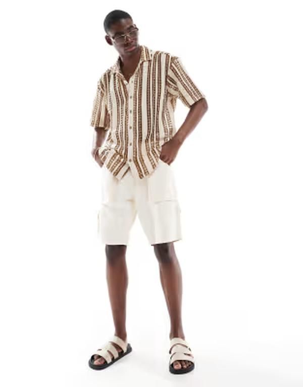オンリーアンドサンズ メンズ トップス シャツ Only Sons crochet shirt with brown stripe CloudancerBrown ブラウン