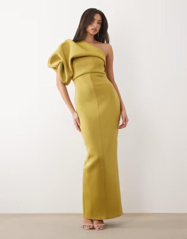 エイソス レディース トップス ワンピースキューバ マキシ ASOS DESIGN scrunch one shoulder maxi dress in olive green scubastyle fabric green グリーン