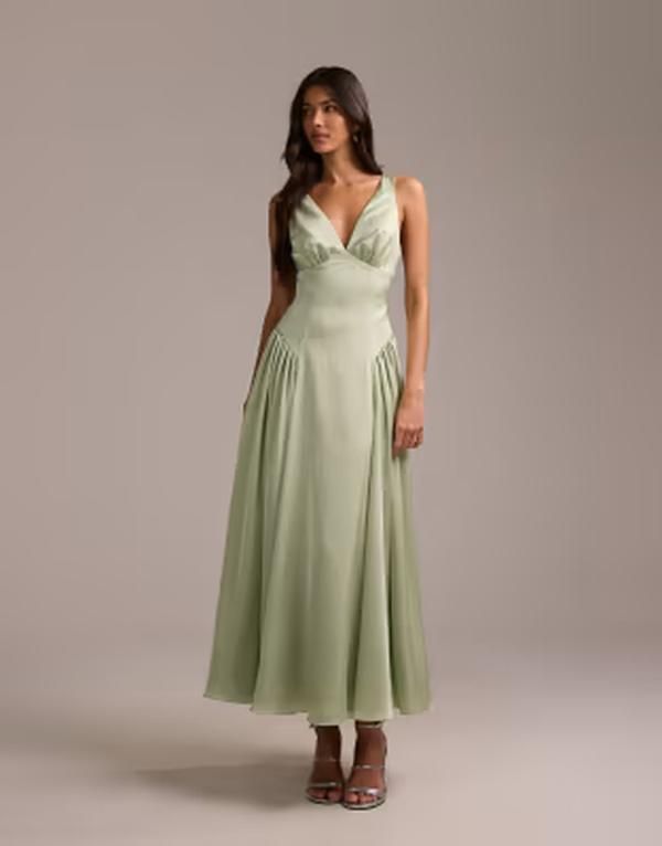 エイソス レディース トップス ワンピース ミディ サテン ASOS DESIGN bridesmaidsatin plunge neckline dropped waist midi dress in sage GREEN グリーン