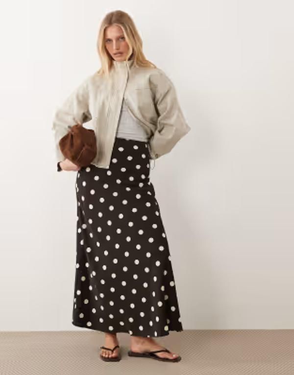 ジェイディーワイ レディース ボトムスカート A ライン ドット サテン マキシ JDY aline satin maxi skirt polka dots CHOCOLATE BROWN ブラウン