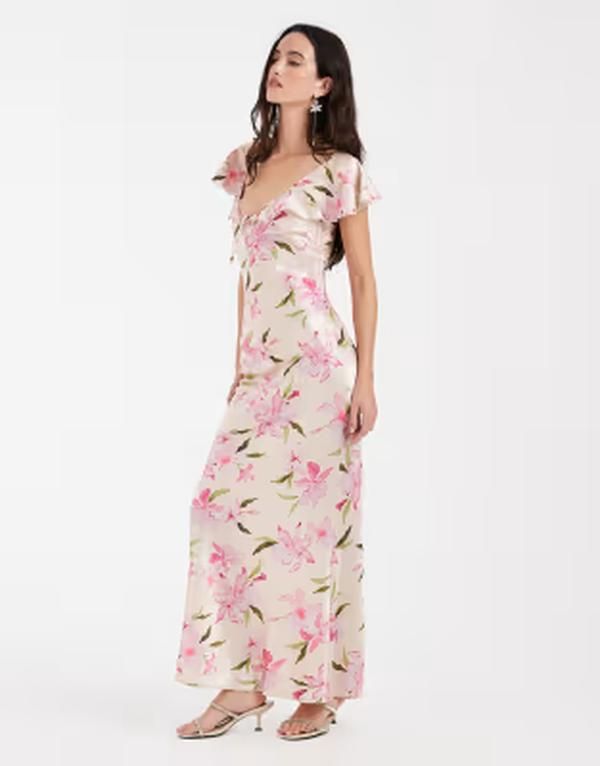 ヴェロモーダ レディース トップス ワンピース フラワー柄 プリント サテン マキシ フラワー Vero Moda flutter sleeve satin maxi dress in cream based pink floral print Birch ク