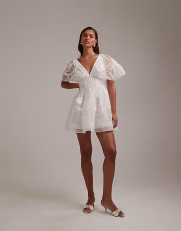 エイソス レディース トップス ワンピース ウエストマーク フラワー柄 ミニ フラワー ASOS DESIGN Bridal trailing 3D floral pintuck cinched waist mini dress IVORY アイボリー
