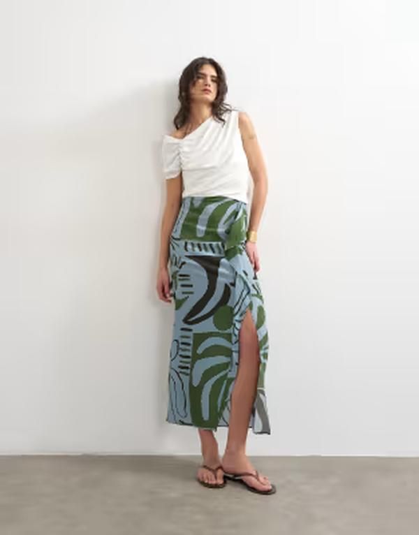 トップショップ レディース ボトムスカート プリント マキシ Topshop sarong maxi skirt abstract leaf print part of a set Abstract ブルー