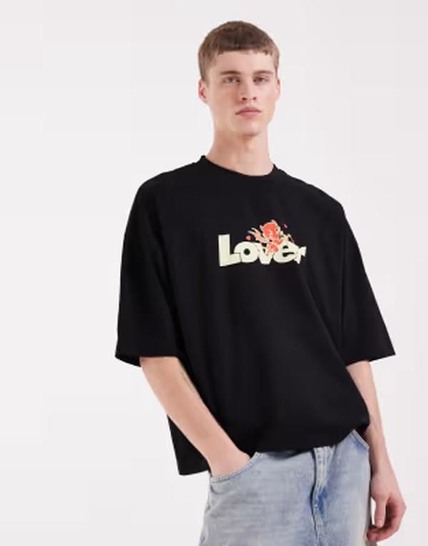 エイソス メンズ トップス Tシャツ グラフィック ASOS DESIGN boxy oversized tshirt with lover front graphic Black ブラック