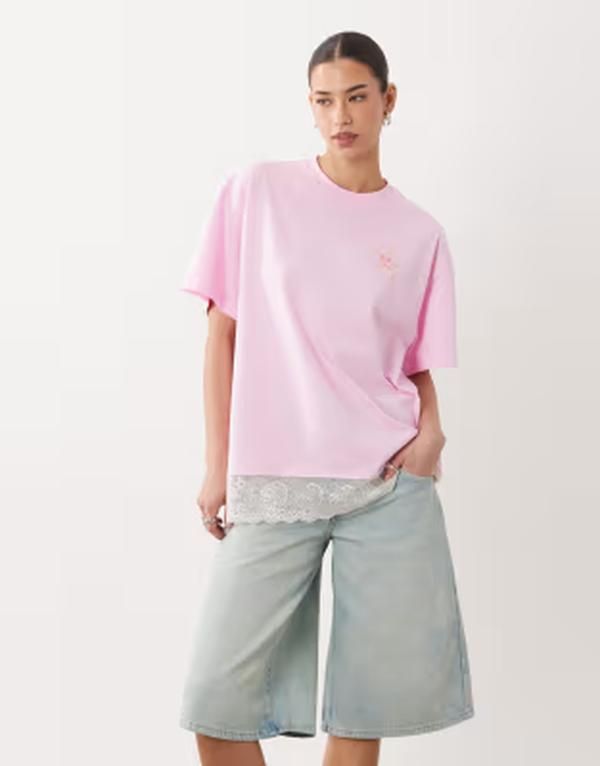 ミスセルフフリッジ レディース トップス Tシャツ レーストリム レース グラフィック MIsselfridge oversized graphic tshirt with lace trim hem PINK ピンク