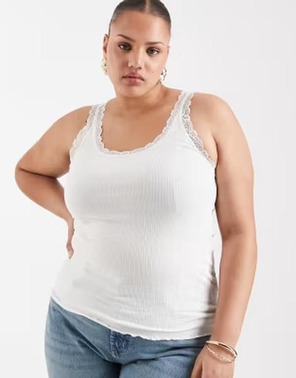 オンリーカーブ レディース トップス タンクトップ レーストリム レース ONLY Curve lace trim tank top WHITE ホワイト