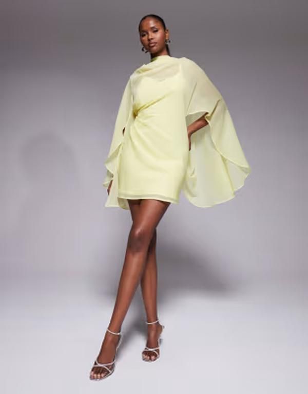 エイソス レディース トップス ワンピース ケープデザイン ハイネック ドレープ ミニ キャップ ケープ ASOS DESIGN high neck drape front extreme cape sleeve mini dress in yellow イエ