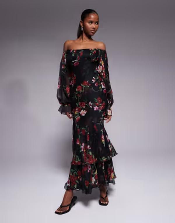エイソス レディース トップス ワンピース ティアード フラワー柄 プリント フリル マキシ フラワー ASOS DESIGN bardot ruffle maxi dress with tiered godets and blouson sleeves in
