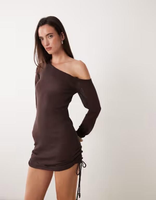 ミスセルフフリッジ レディース トップス ワンピース ギャザー ミニ シアー ニット Misselfridge sheer knit asym ruched mini dress in chocolate チョコレート