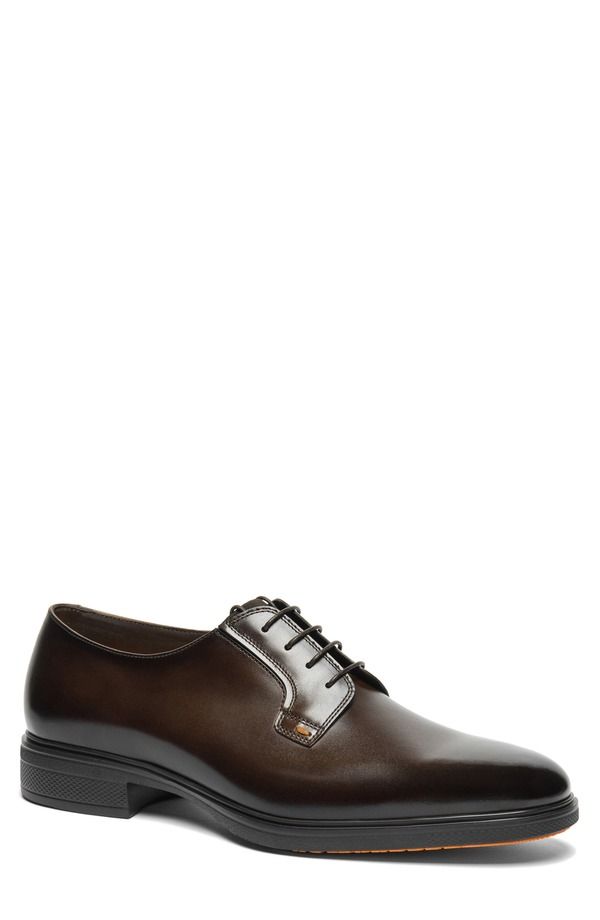 サントーニ メンズ シューズ ダービー レザー Santoni Plain Toe Leather Derby Dark Brown ブラウン