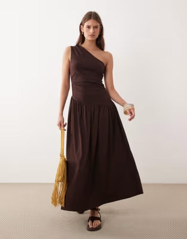 エイソス レディース トップス ワンピース ギャザー マキシ ASOS DESIGN ruched one shoulder dropped waist maxi dress in chocolate チョコレート