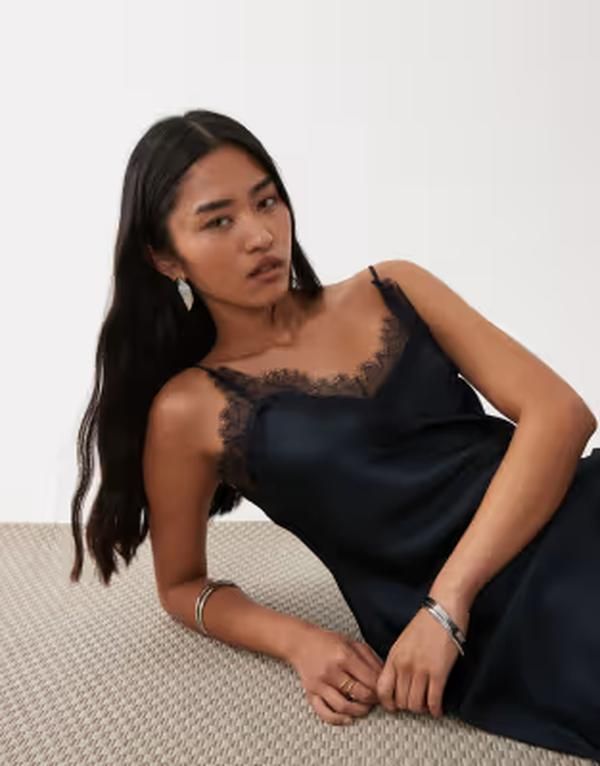 マンゴ レディース トップス ワンピース レーストリム サテン レース マキシ Mango satin cami maxi dress with lace trim NAVY ネイビー