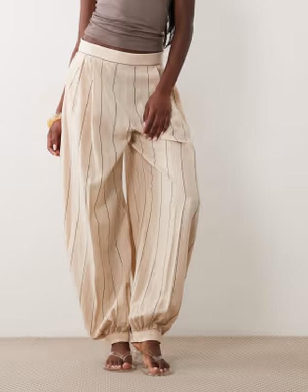 マンゴ レディース ボトムス カジュアルパンツ リネン Mango linen mix cuffed pantstripe BEIGE ベージュ