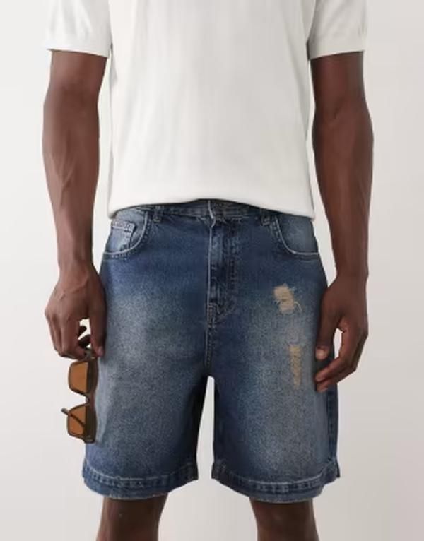 エイソス メンズ ボトムス ハーフパンツ・ショーツ ASOS DESIGN shorter length jorts in mid washed blue with rips Mid washed Blue ブルー