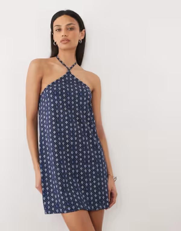 マンゴ レディース トップス ワンピース プリント ミニ Tシャツ ホルター Mango Teen halterneck mini dress print Blue print ブルー