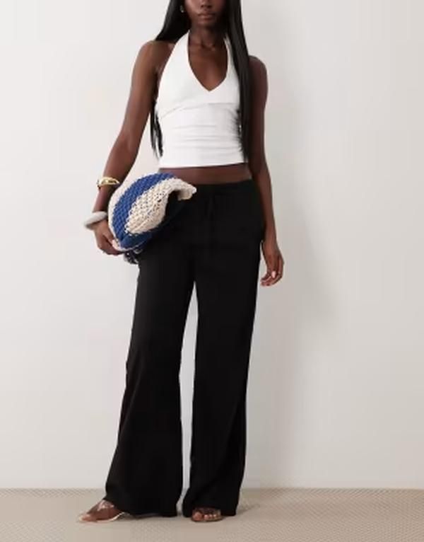 マンゴ レディース ボトムス カジュアルパンツ Tシャツ リネン Mango Teen linen mix tie waistraight pants Black ブラック